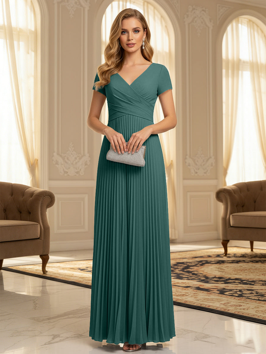 A-Line Pleated Chiffon V-Neck Formal Dresses with Short Sleeve