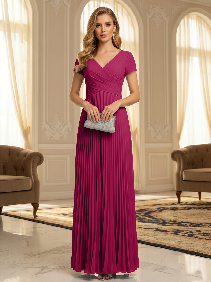 A-Line Pleated Chiffon V-Neck Formal Dresses with Short Sleeve
