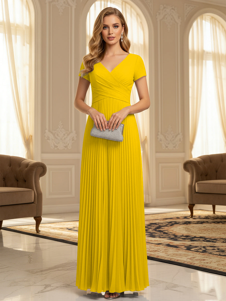 A-Line Pleated Chiffon V-Neck Formal Dresses with Short Sleeve