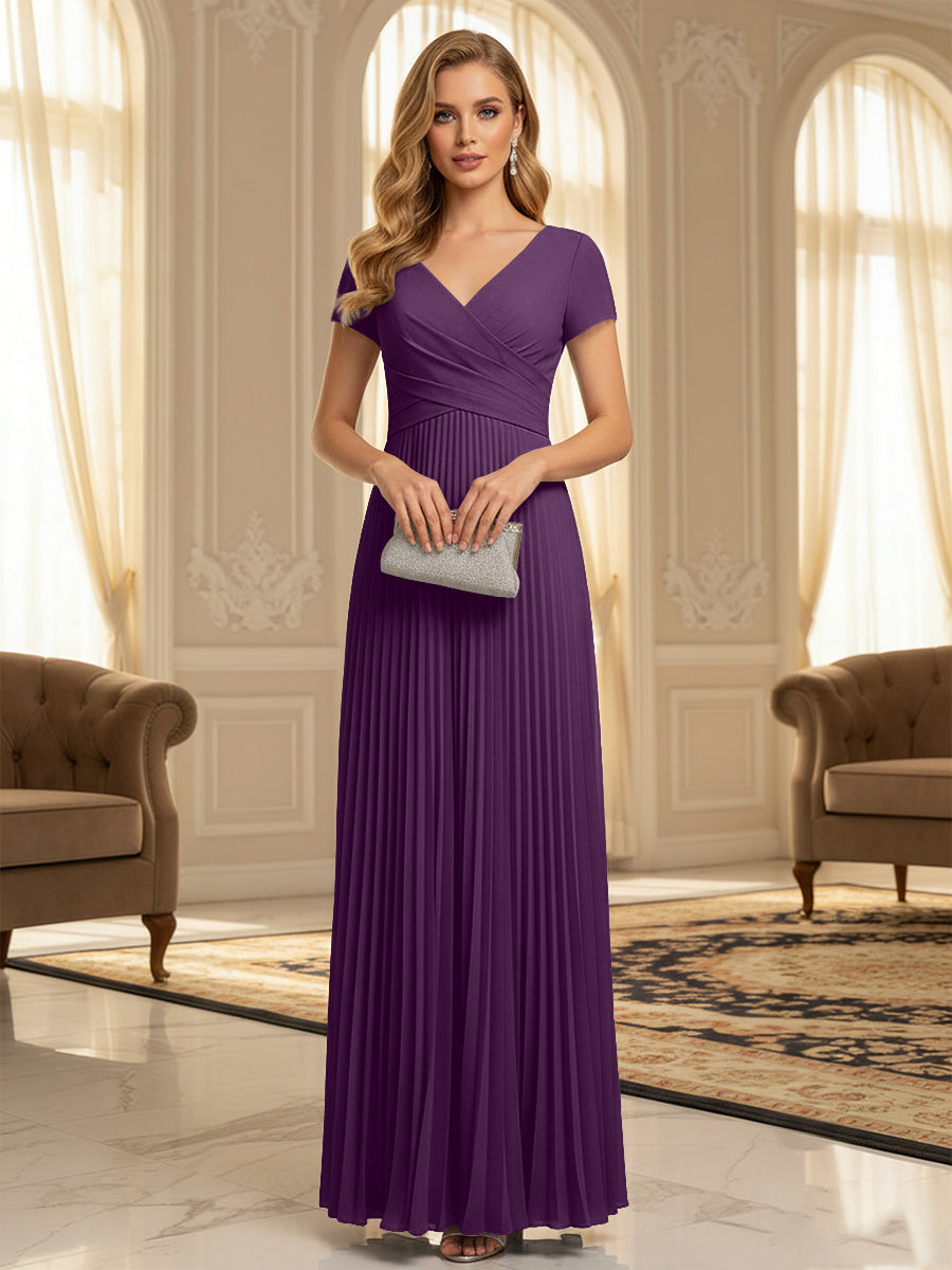 A-Line Pleated Chiffon V-Neck Formal Dresses with Short Sleeve