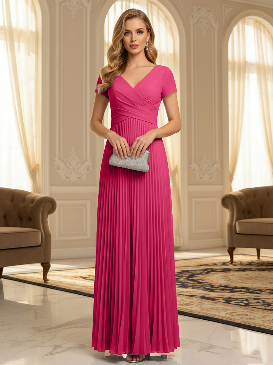 A-Line Pleated Chiffon V-Neck Formal Dresses with Short Sleeve