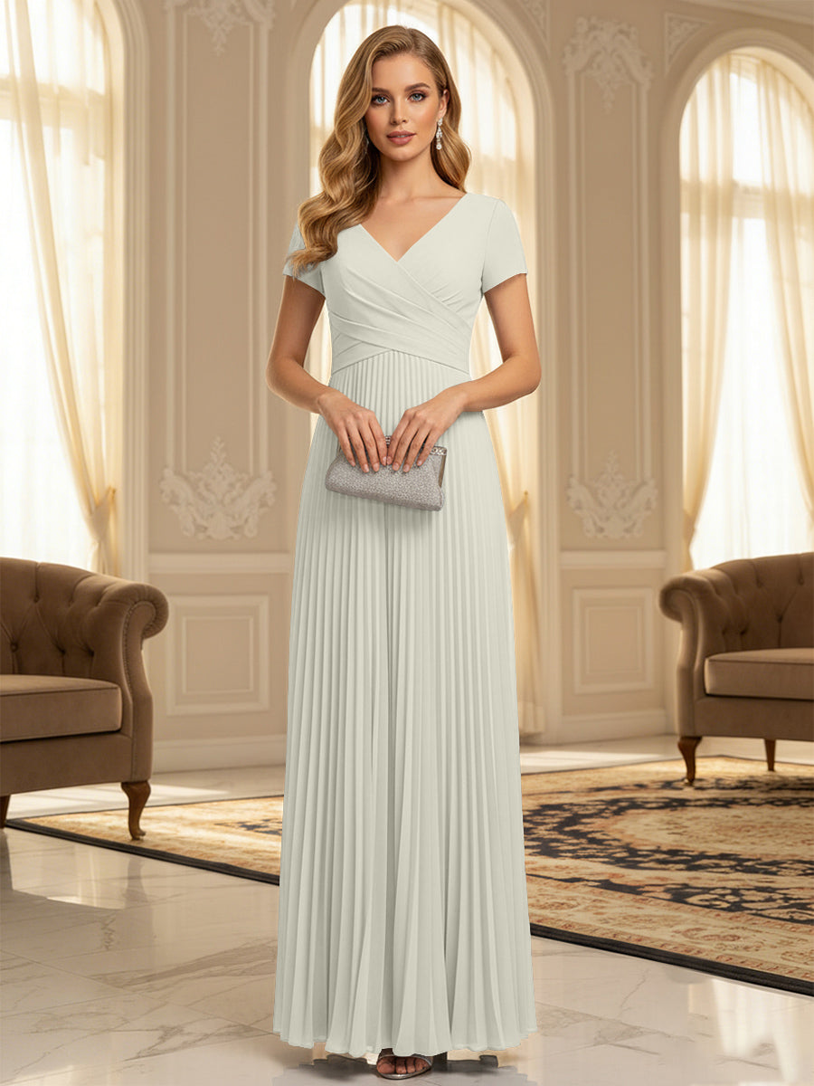 A-Line Pleated Chiffon V-Neck Formal Dresses with Short Sleeve