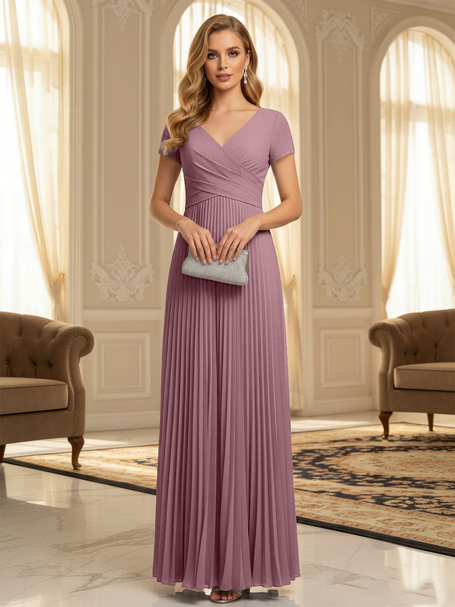 A-Line Pleated Chiffon V-Neck Formal Dresses with Short Sleeve