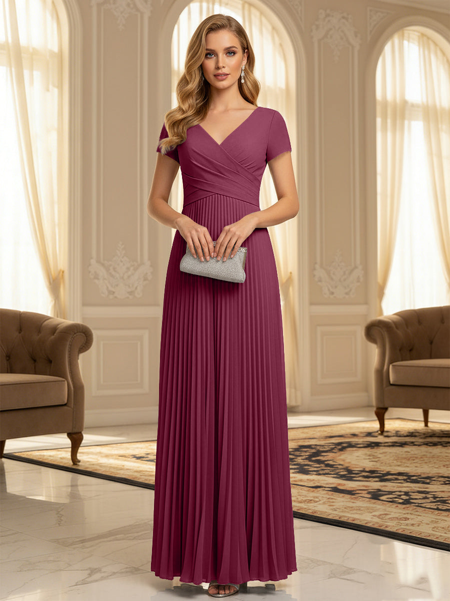 A-Line Pleated Chiffon V-Neck Formal Dresses with Short Sleeve