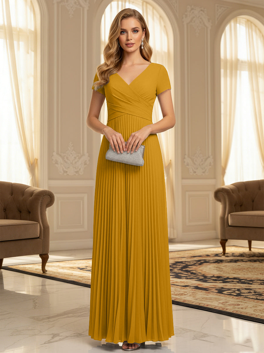 A-Line Pleated Chiffon V-Neck Formal Dresses with Short Sleeve
