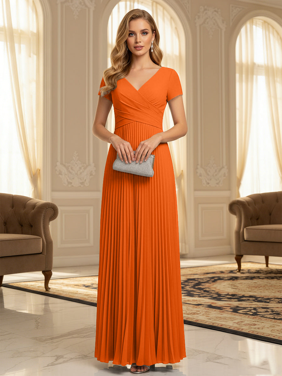 A-Line Pleated Chiffon V-Neck Formal Dresses with Short Sleeve