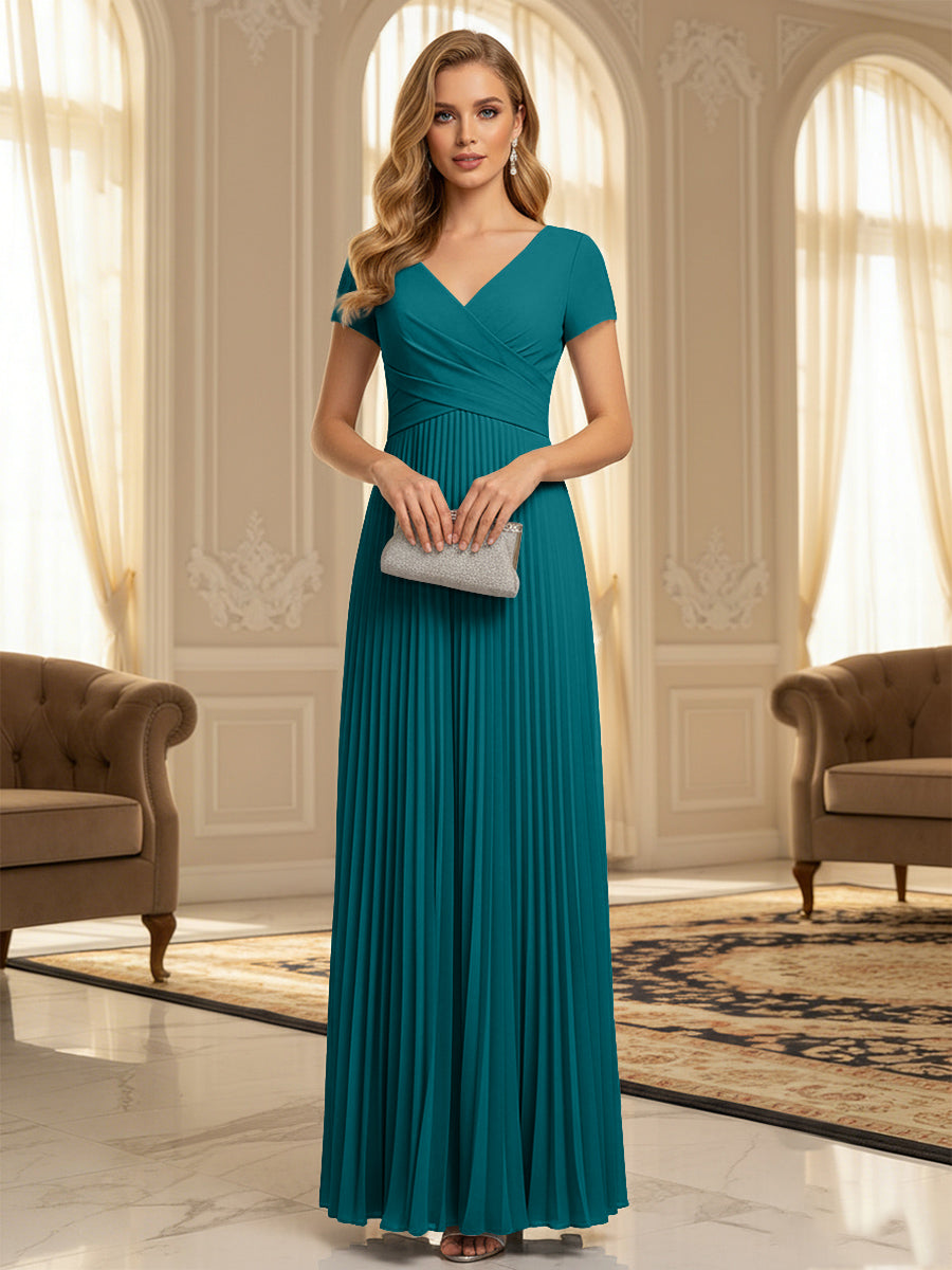 A-Line Pleated Chiffon V-Neck Formal Dresses with Short Sleeve