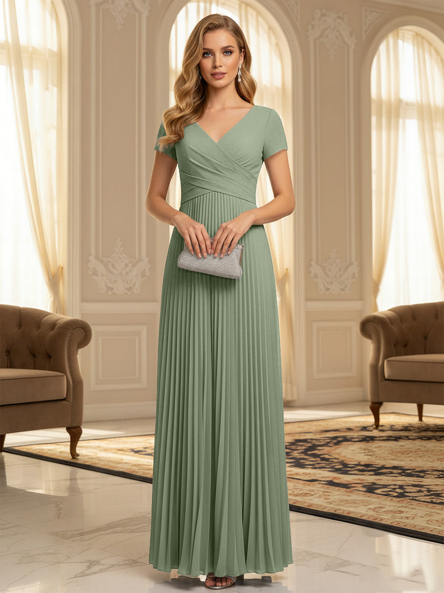 A-Line Pleated Chiffon V-Neck Formal Dresses with Short Sleeve