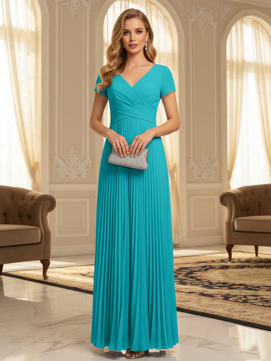 A-Line Pleated Chiffon V-Neck Formal Dresses with Short Sleeve