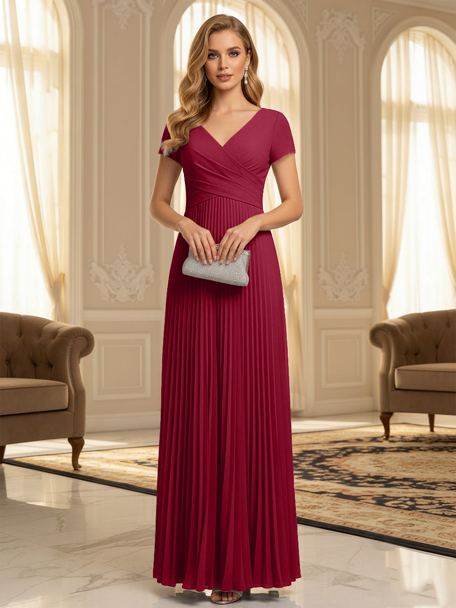 A-Line Pleated Chiffon V-Neck Formal Dresses with Short Sleeve