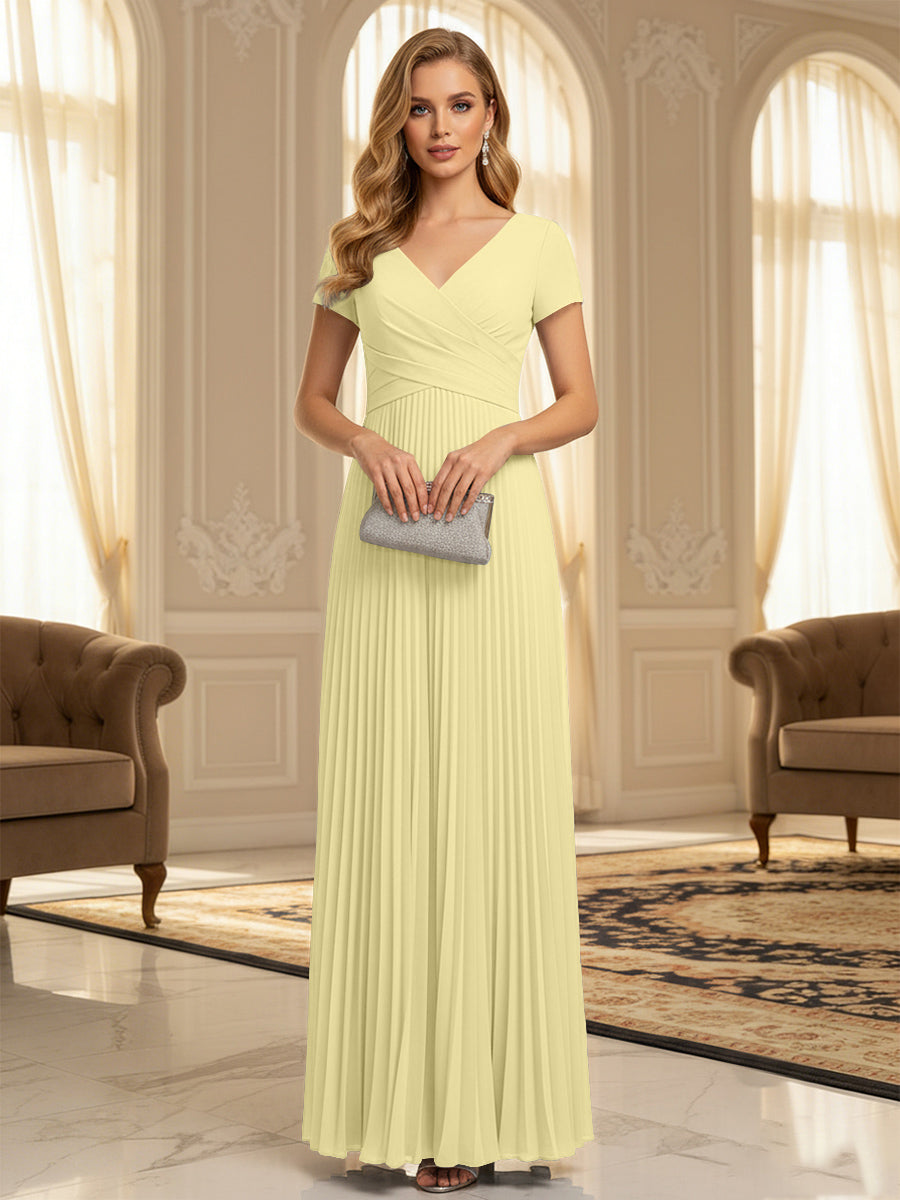 A-Line Pleated Chiffon V-Neck Formal Dresses with Short Sleeve