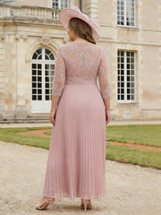 3/4 Sleeve Lace Applique A-Line Long Mother of the Bride Dresses Pleated Chiffon Formal Dress