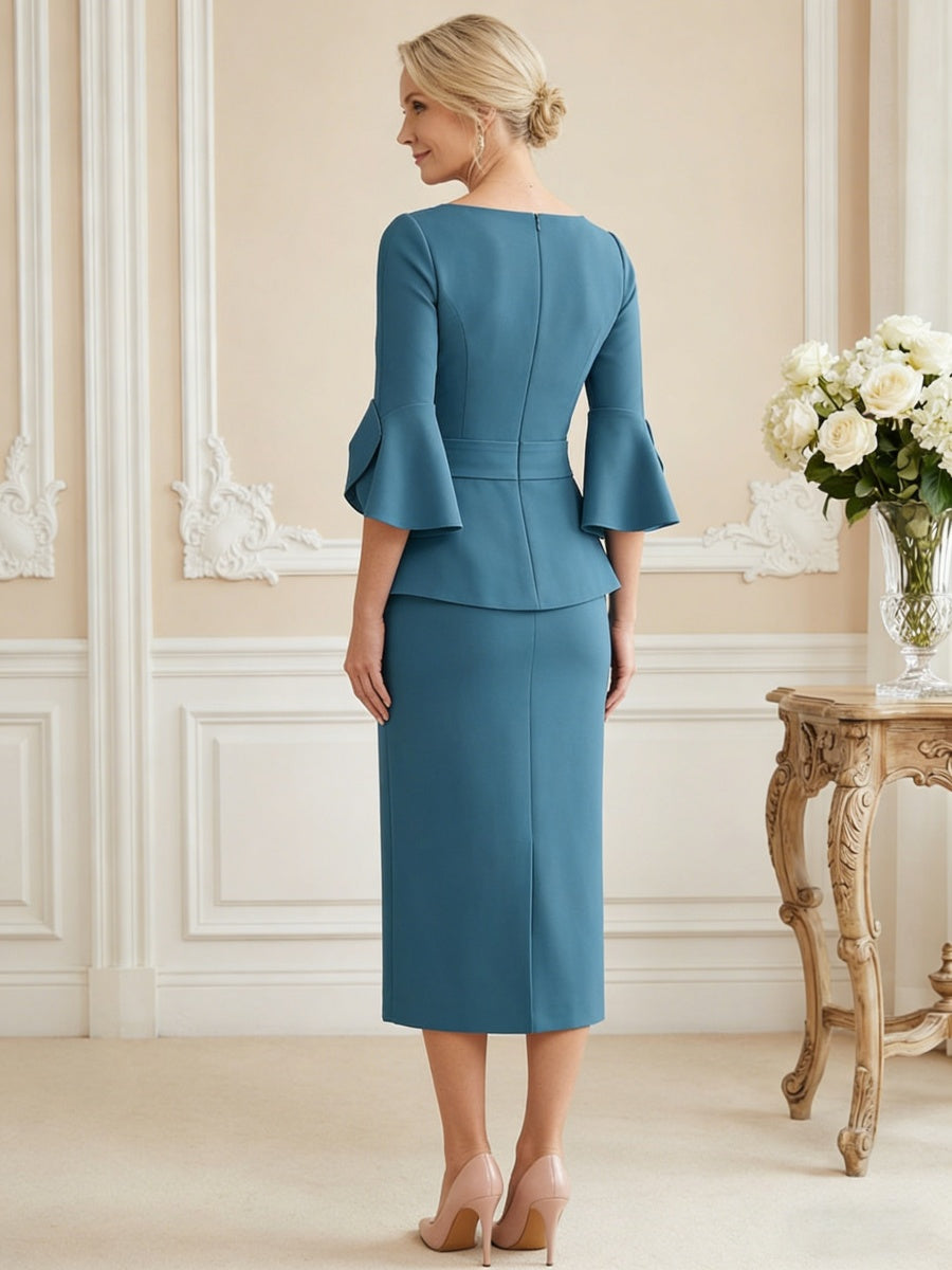3/4 Sleeve Round Neck Sheath Midi Satin Mother of the Bride Dresses Formal Dress