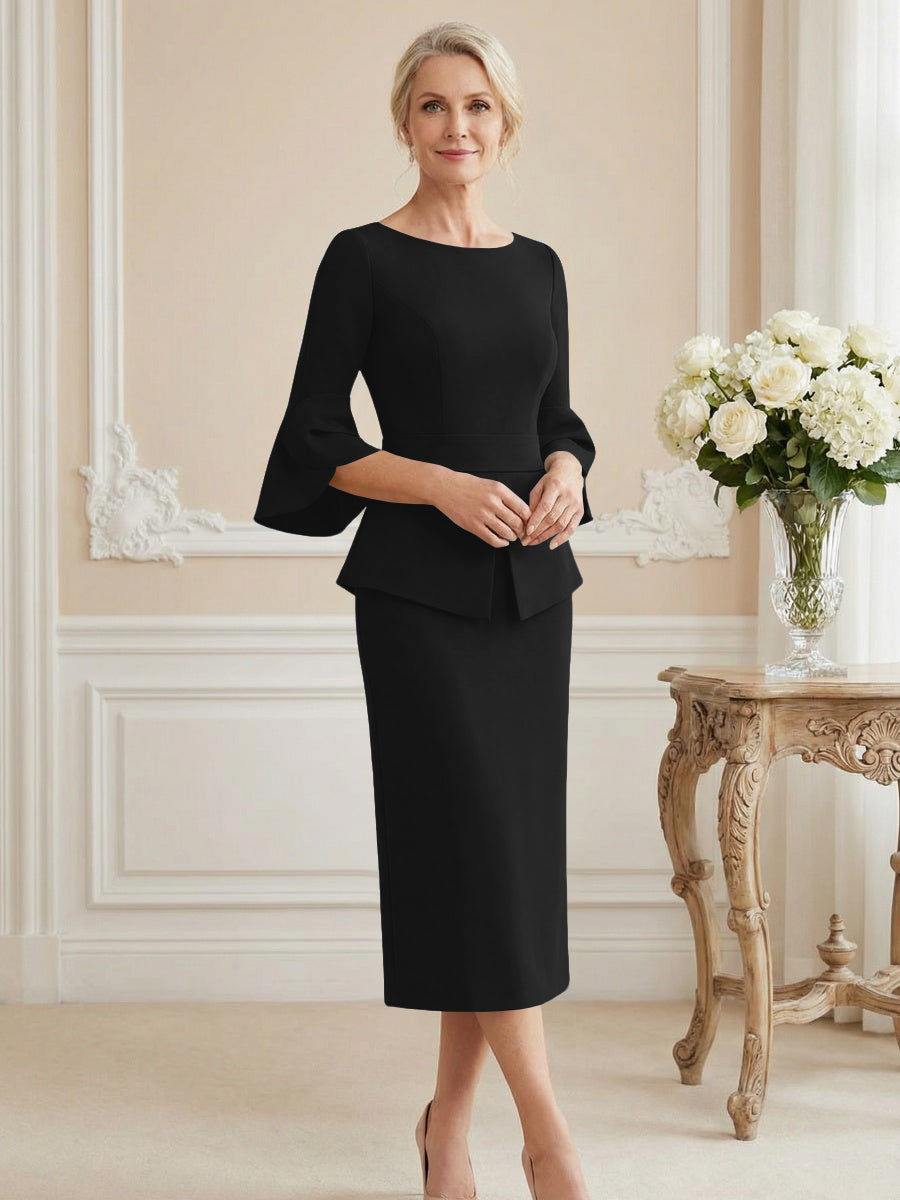 3/4 Sleeve Round Neck Sheath Midi Satin Mother of the Bride Dresses Formal Dress
