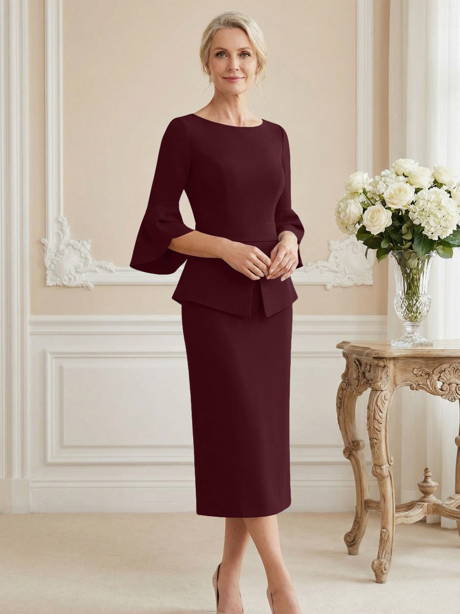 3/4 Sleeve Round Neck Sheath Midi Satin Mother of the Bride Dresses Formal Dress