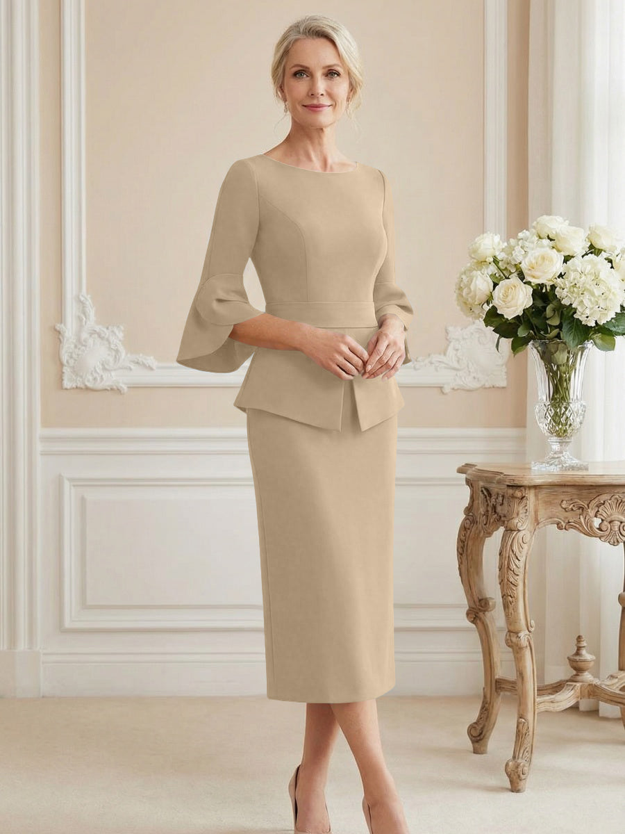 3/4 Sleeve Round Neck Sheath Midi Satin Mother of the Bride Dresses Formal Dress