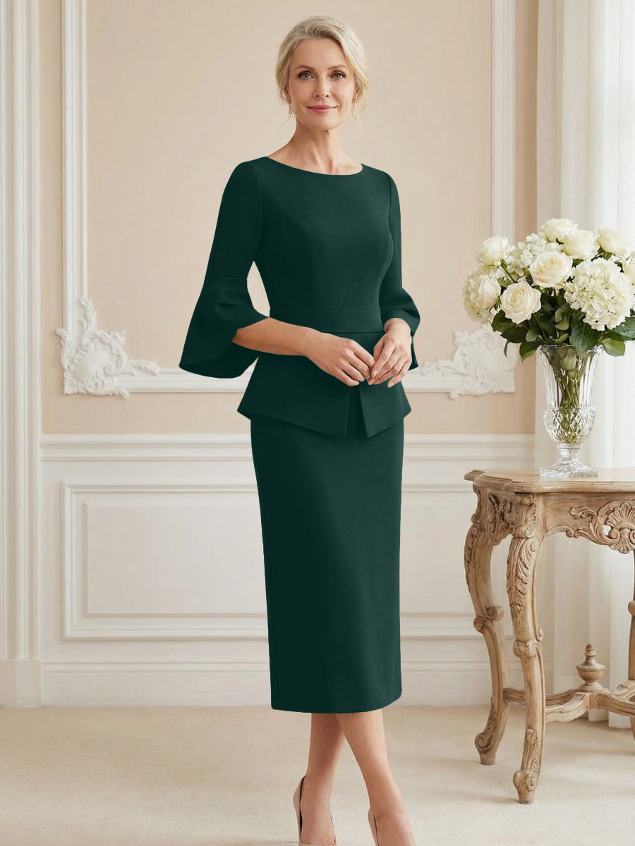 3/4 Sleeve Round Neck Sheath Midi Satin Mother of the Bride Dresses Formal Dress