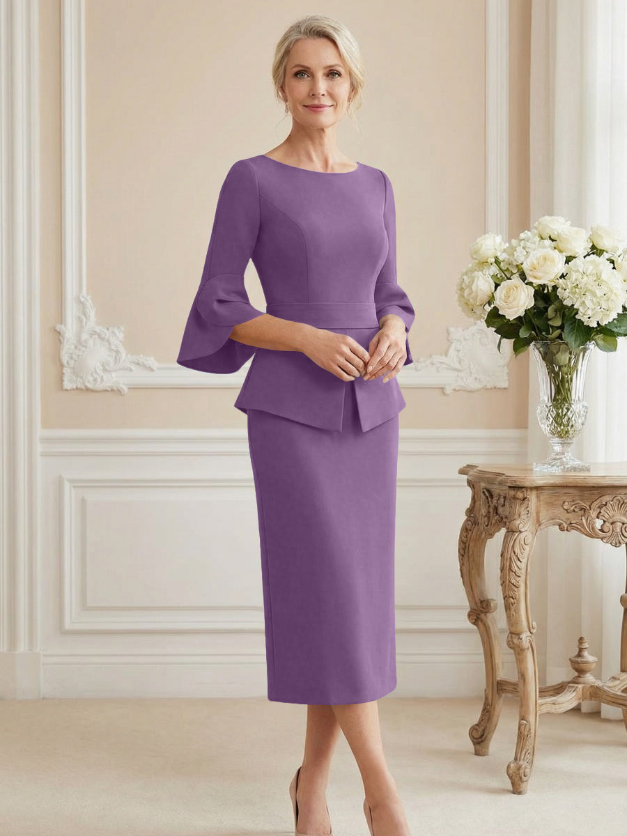 3/4 Sleeve Round Neck Sheath Midi Satin Mother of the Bride Dresses Formal Dress