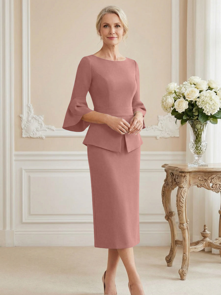 3/4 Sleeve Round Neck Sheath Midi Satin Mother of the Bride Dresses Formal Dress