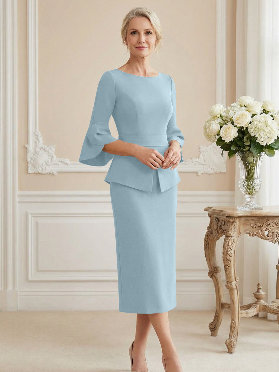 3/4 Sleeve Round Neck Sheath Midi Satin Mother of the Bride Dresses Formal Dress