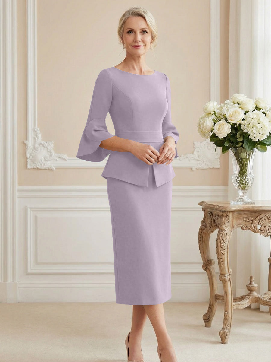 3/4 Sleeve Round Neck Sheath Midi Satin Mother of the Bride Dresses Formal Dress