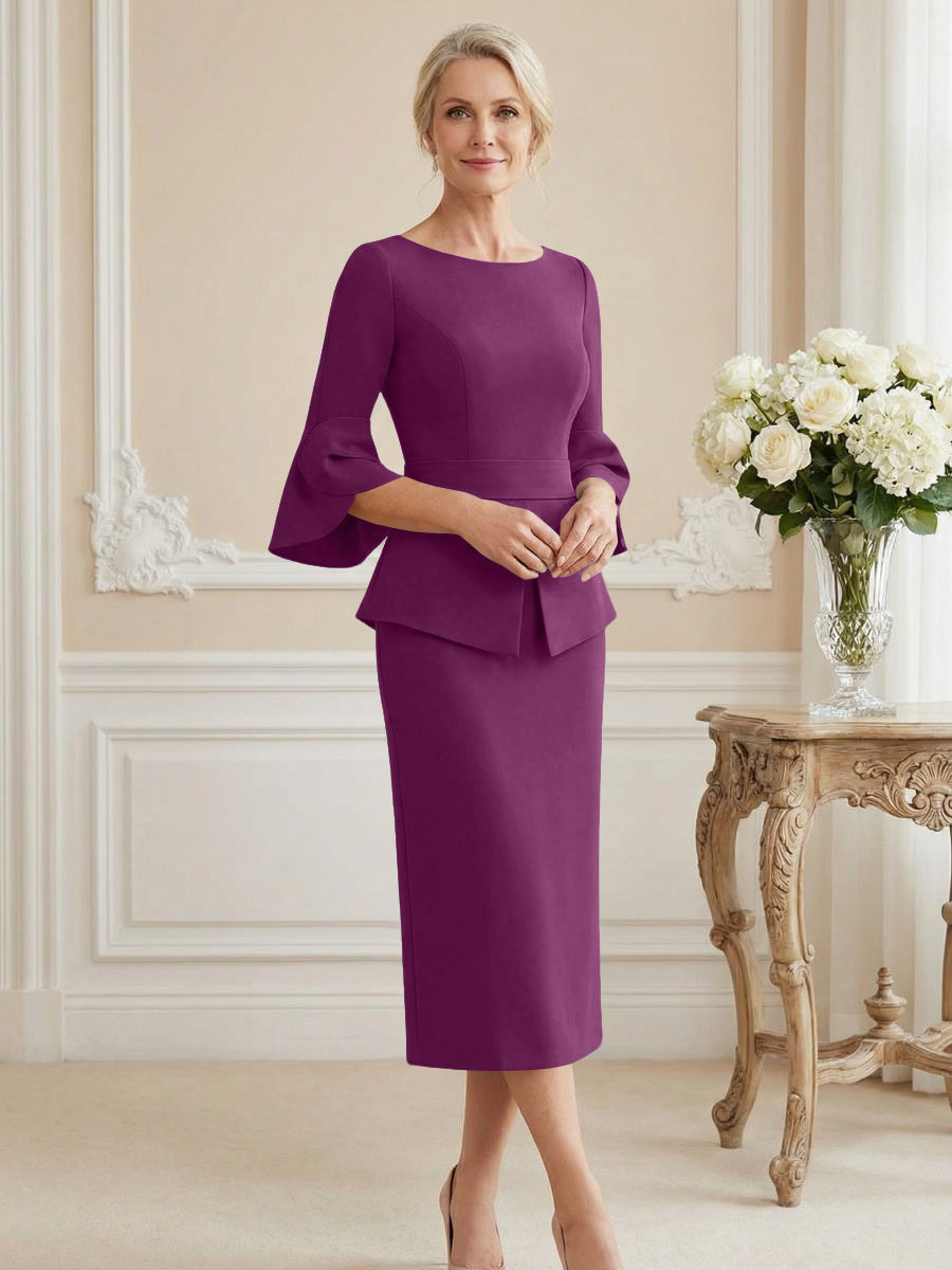 3/4 Sleeve Round Neck Sheath Midi Satin Mother of the Bride Dresses Formal Dress