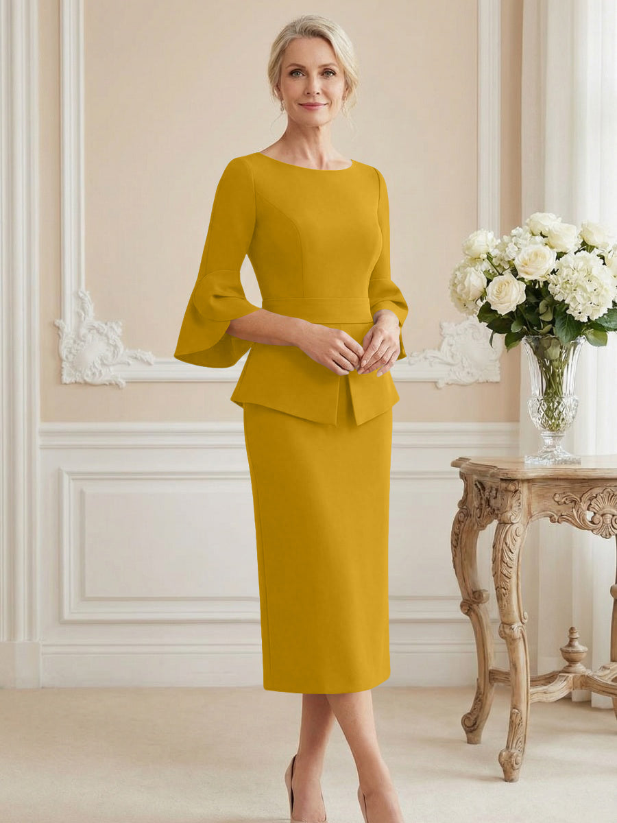 3/4 Sleeve Round Neck Sheath Midi Satin Mother of the Bride Dresses Formal Dress