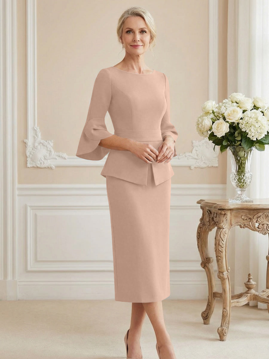 3/4 Sleeve Round Neck Sheath Midi Satin Mother of the Bride Dresses Formal Dress