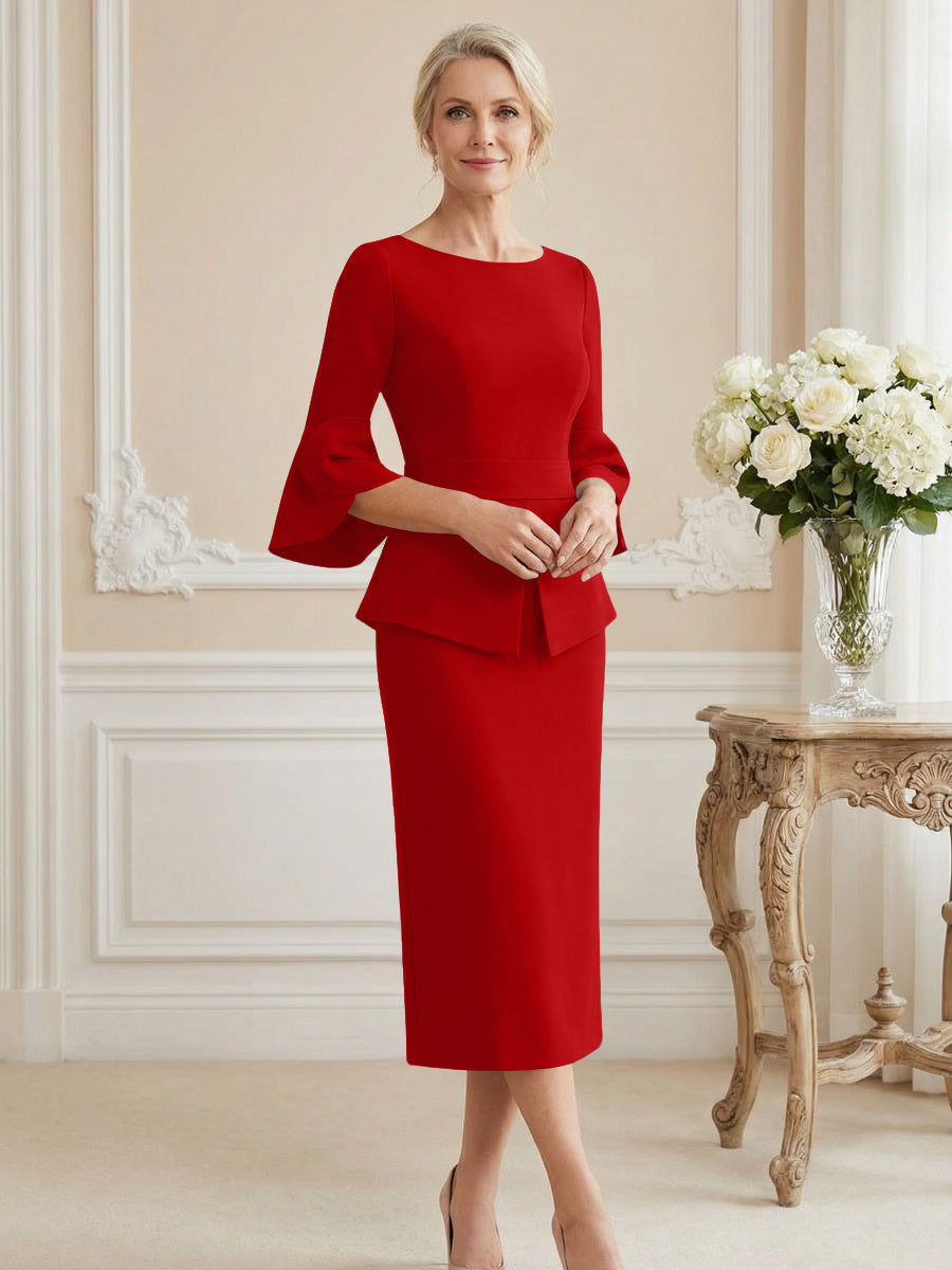 3/4 Sleeve Round Neck Sheath Midi Satin Mother of the Bride Dresses Formal Dress