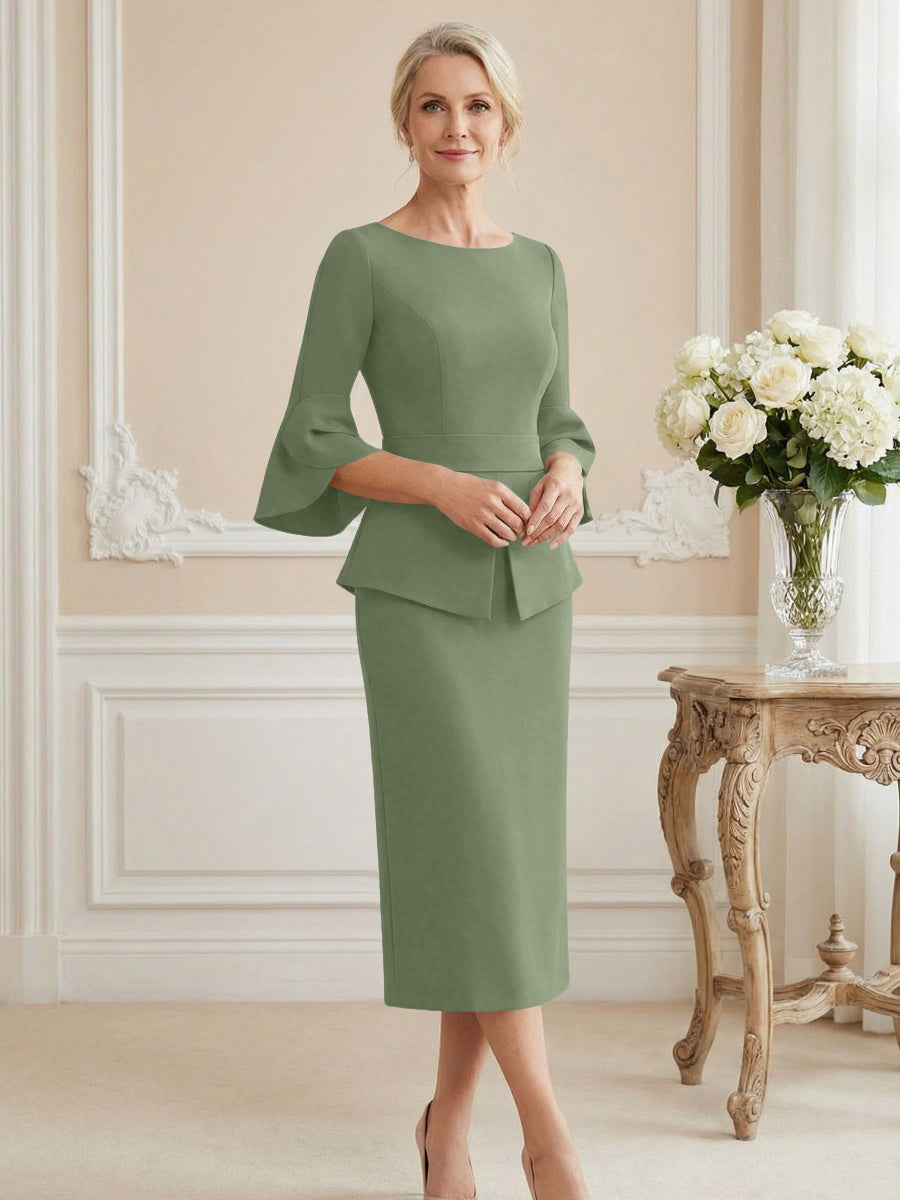 3/4 Sleeve Round Neck Sheath Midi Satin Mother of the Bride Dresses Formal Dress