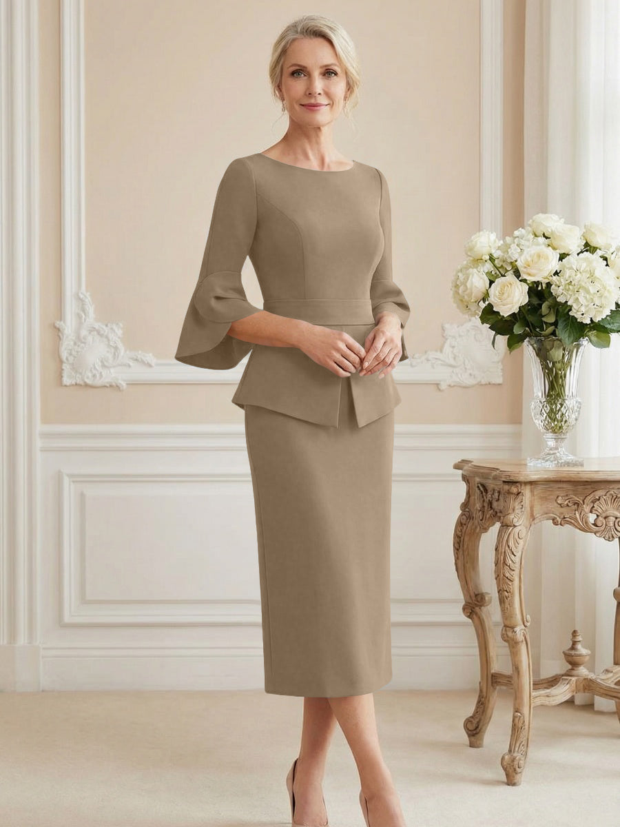 3/4 Sleeve Round Neck Sheath Midi Satin Mother of the Bride Dresses Formal Dress