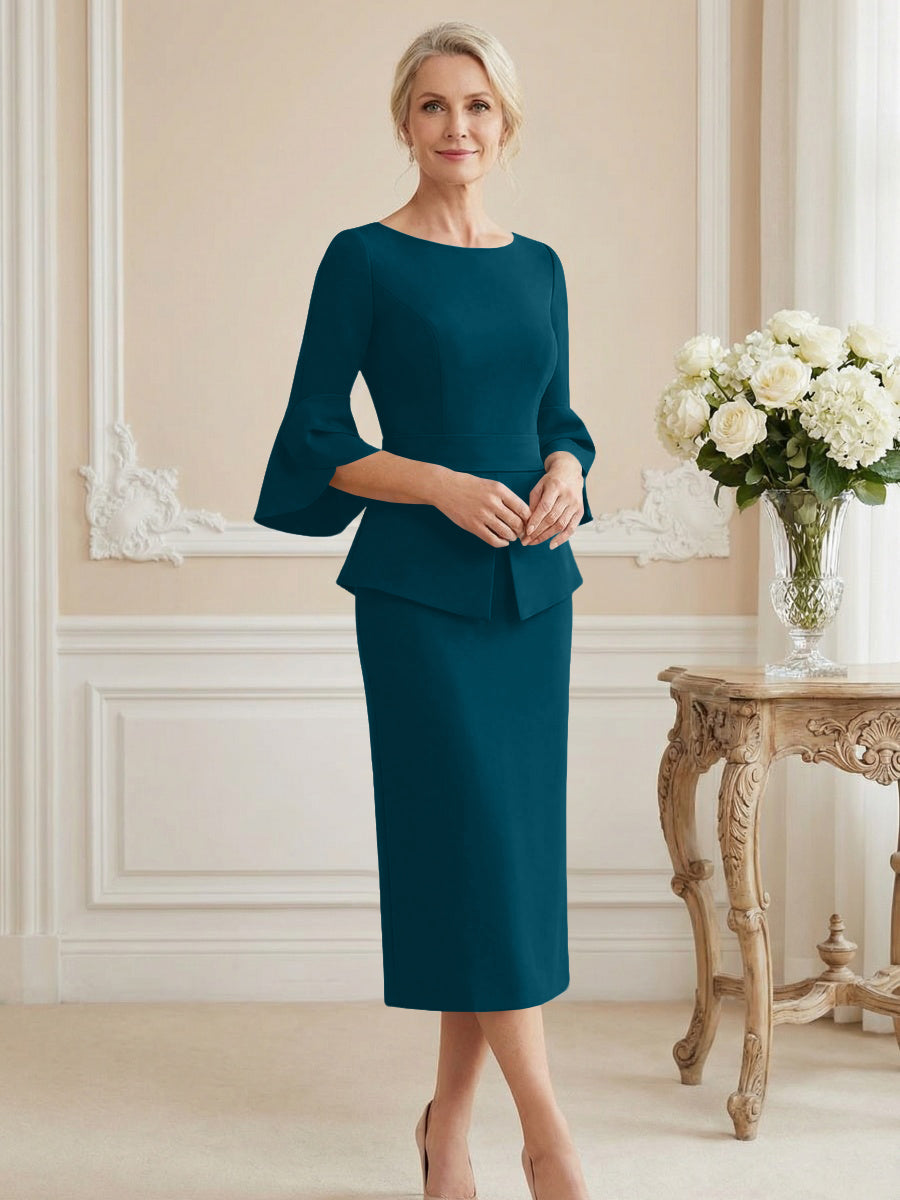 3/4 Sleeve Round Neck Sheath Midi Satin Mother of the Bride Dresses Formal Dress