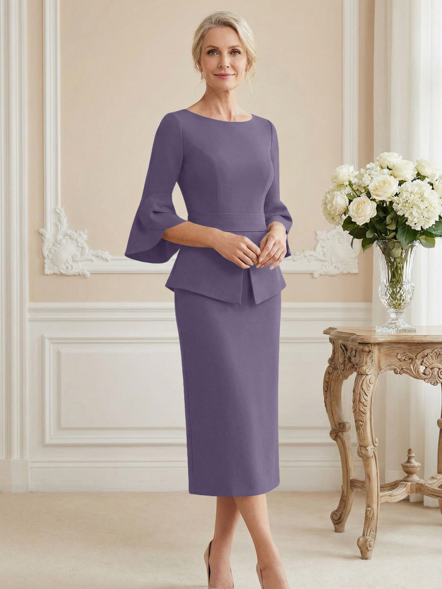 3/4 Sleeve Round Neck Sheath Midi Satin Mother of the Bride Dresses Formal Dress