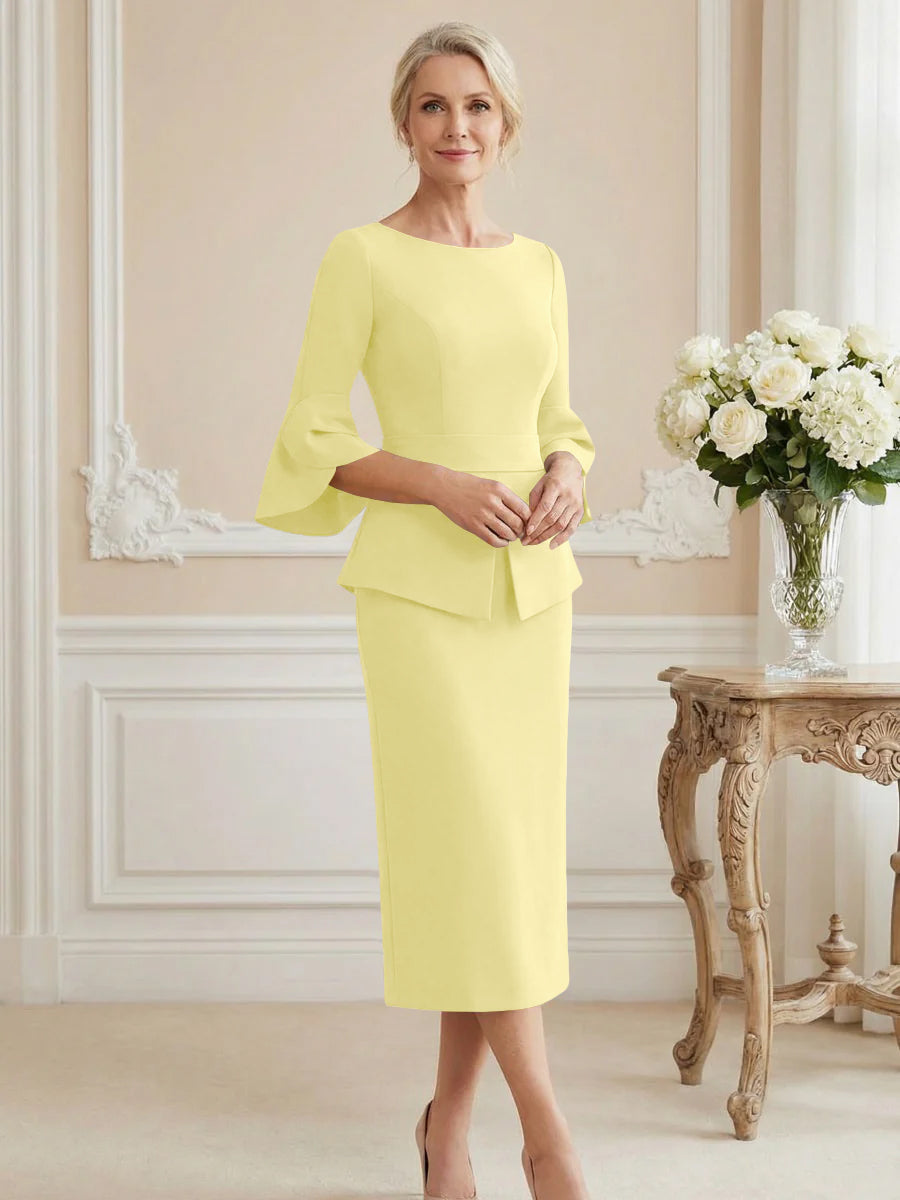 3/4 Sleeve Round Neck Sheath Midi Satin Mother of the Bride Dresses Formal Dress