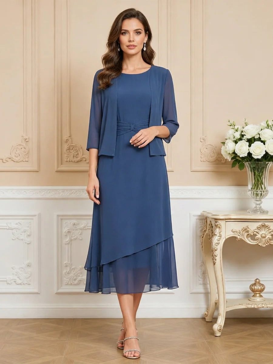 3/4 Sleeve Round Neck A-Line Midi Chiffon Mother of the Bride Dresses with Jacket