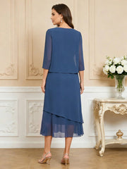 3/4 Sleeve Round Neck A-Line Midi Chiffon Mother of the Bride Dresses with Jacket