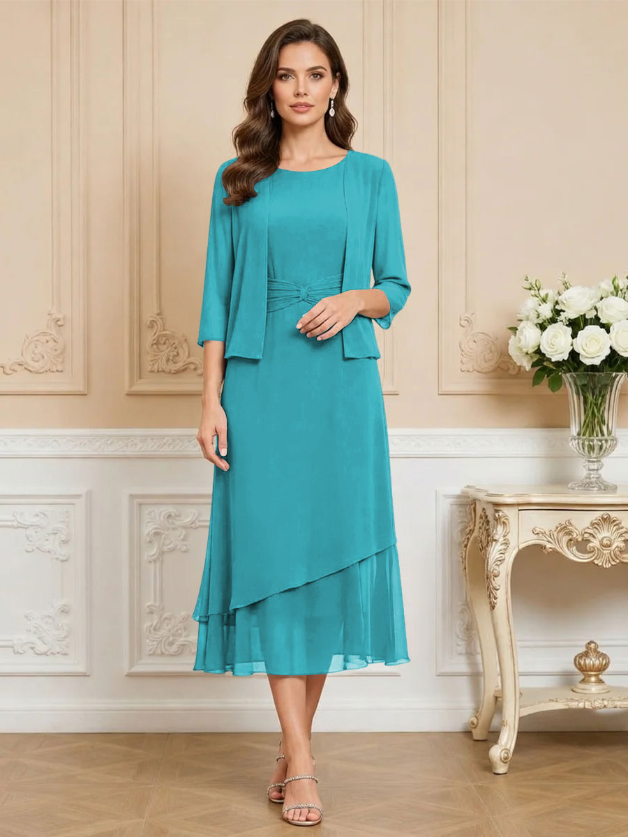 3/4 Sleeve Round Neck A-Line Midi Chiffon Mother of the Bride Dresses with Jacket