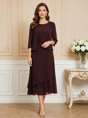 3/4 Sleeve Round Neck A-Line Midi Chiffon Mother of the Bride Dresses with Jacket