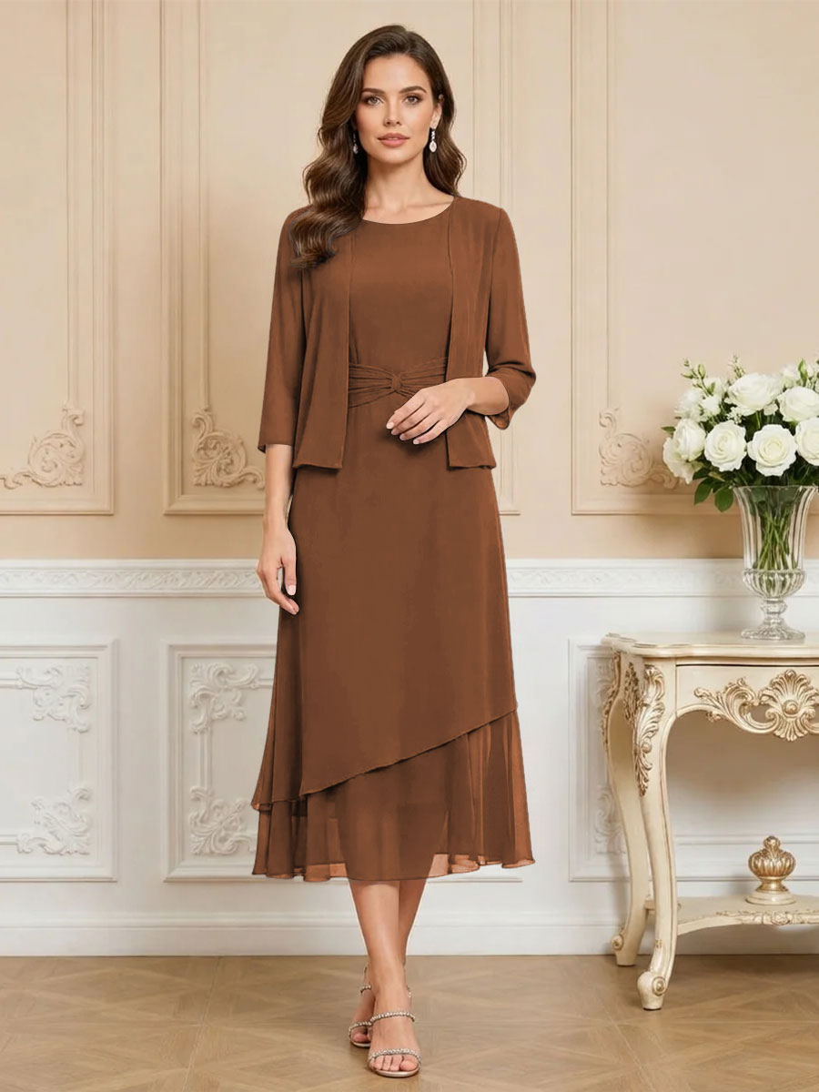 3/4 Sleeve Round Neck A-Line Midi Chiffon Mother of the Bride Dresses with Jacket
