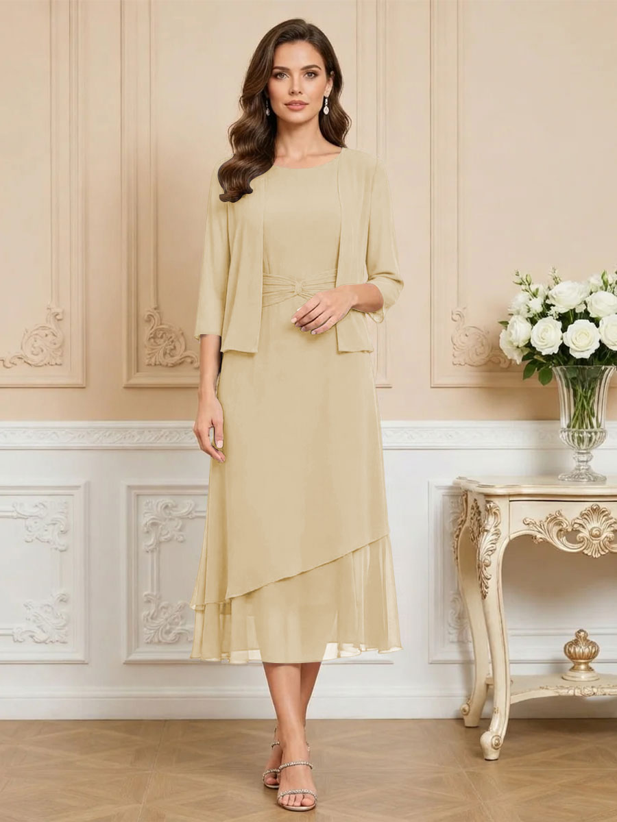 3/4 Sleeve Round Neck A-Line Midi Chiffon Mother of the Bride Dresses with Jacket