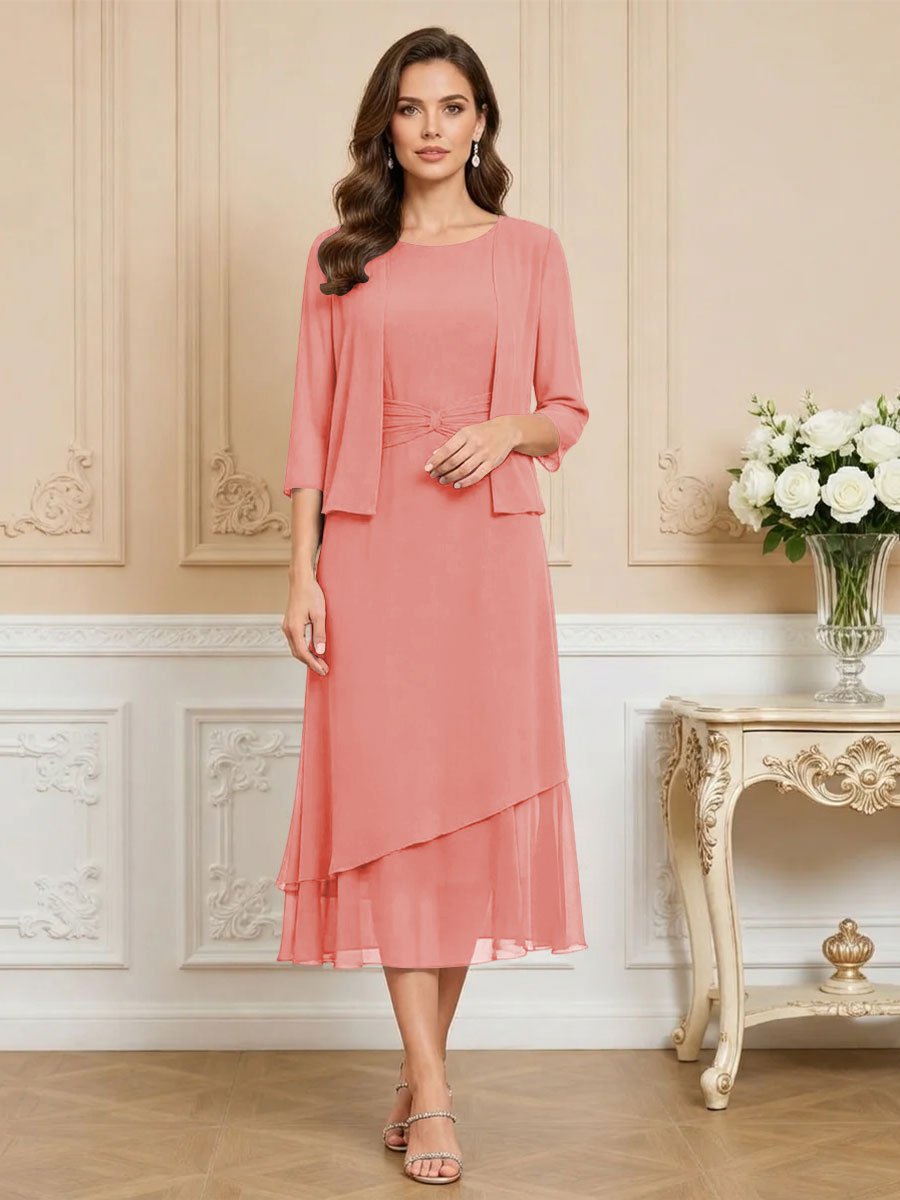 3/4 Sleeve Round Neck A-Line Midi Chiffon Mother of the Bride Dresses with Jacket
