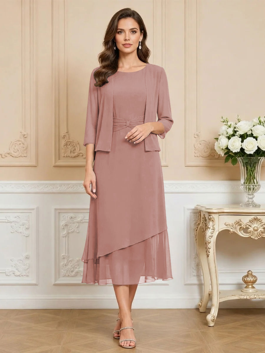 3/4 Sleeve Round Neck A-Line Midi Chiffon Mother of the Bride Dresses with Jacket