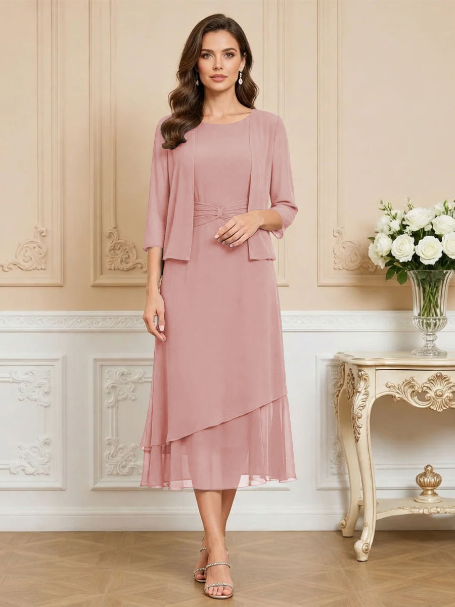 3/4 Sleeve Round Neck A-Line Midi Chiffon Mother of the Bride Dresses with Jacket