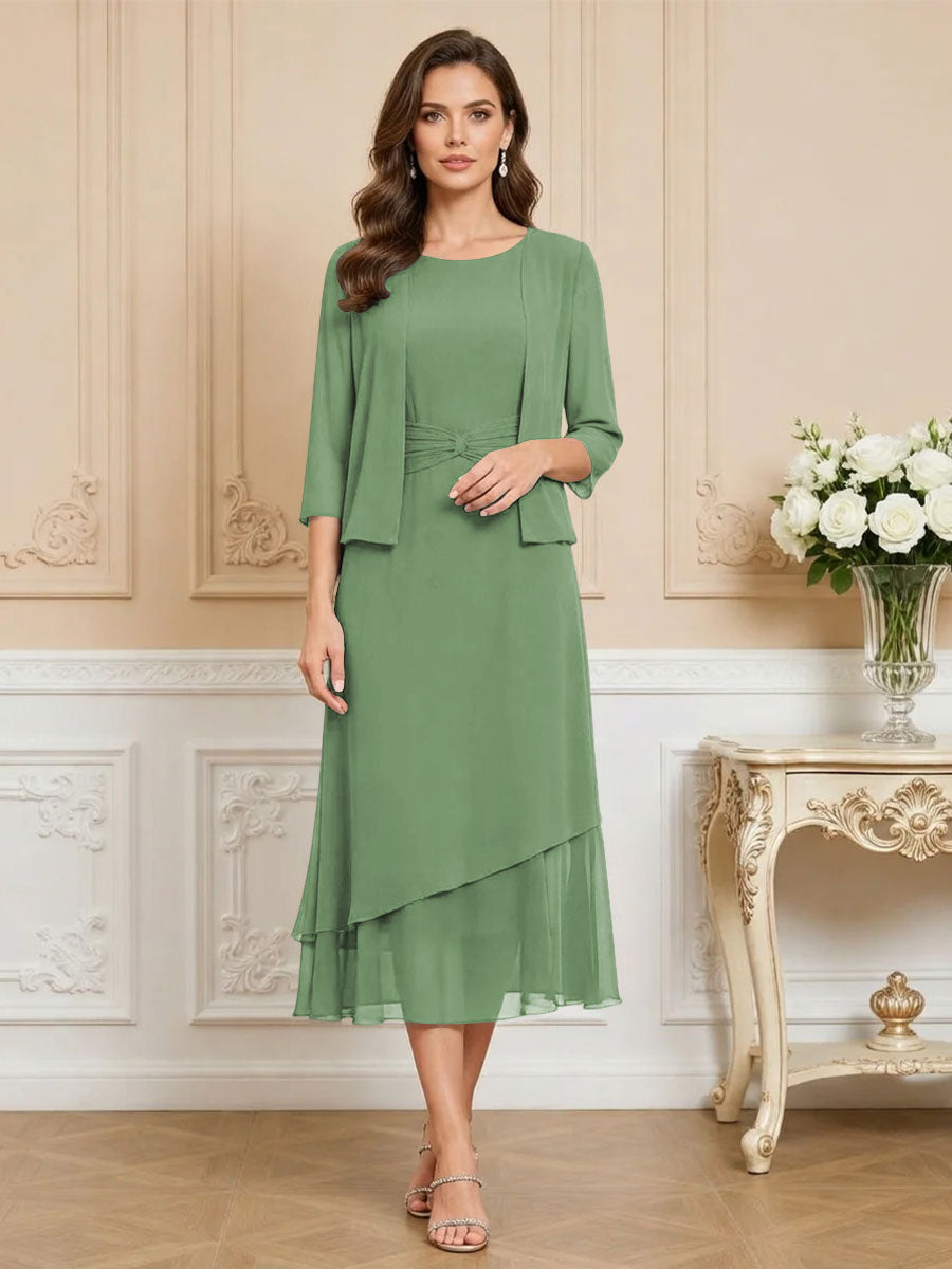 3/4 Sleeve Round Neck A-Line Midi Chiffon Mother of the Bride Dresses with Jacket