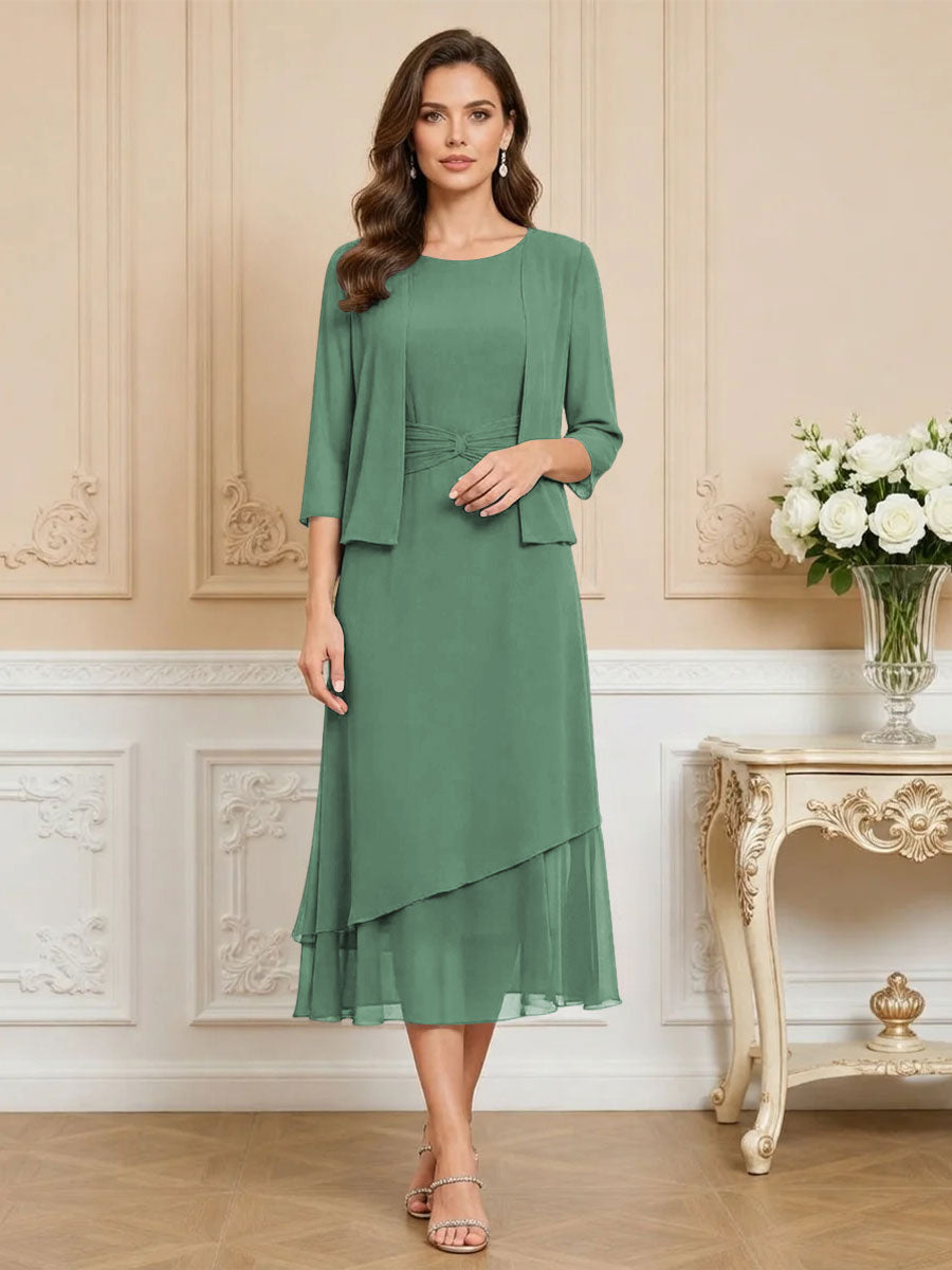 3/4 Sleeve Round Neck A-Line Midi Chiffon Mother of the Bride Dresses with Jacket