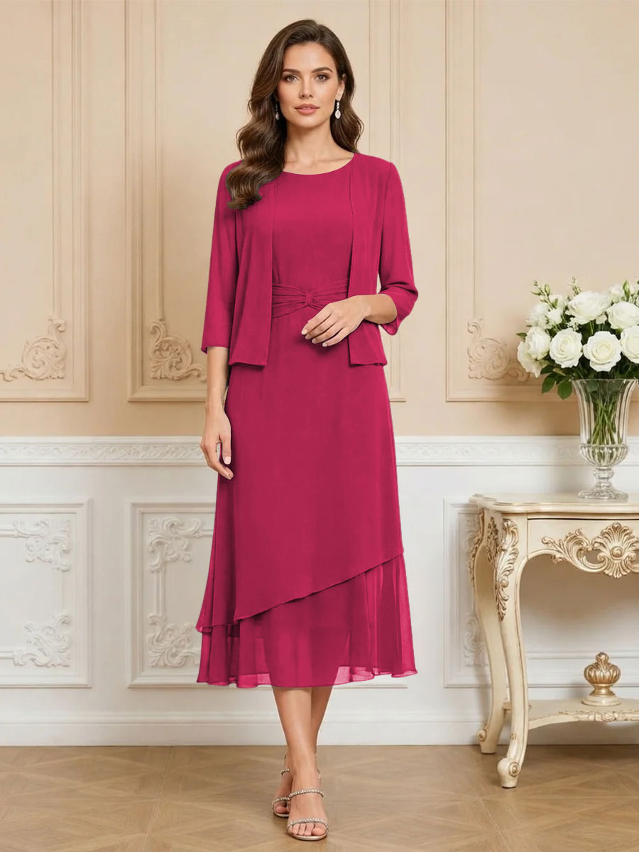 3/4 Sleeve Round Neck A-Line Midi Chiffon Mother of the Bride Dresses with Jacket