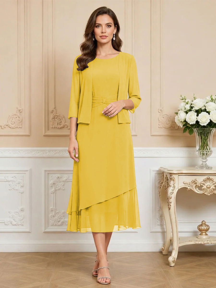3/4 Sleeve Round Neck A-Line Midi Chiffon Mother of the Bride Dresses with Jacket