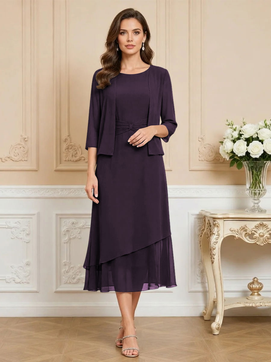 3/4 Sleeve Round Neck A-Line Midi Chiffon Mother of the Bride Dresses with Jacket