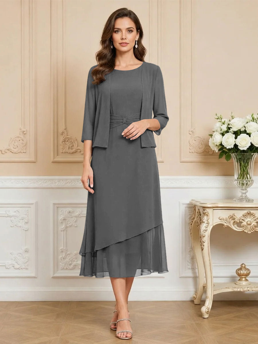 3/4 Sleeve Round Neck A-Line Midi Chiffon Mother of the Bride Dresses with Jacket