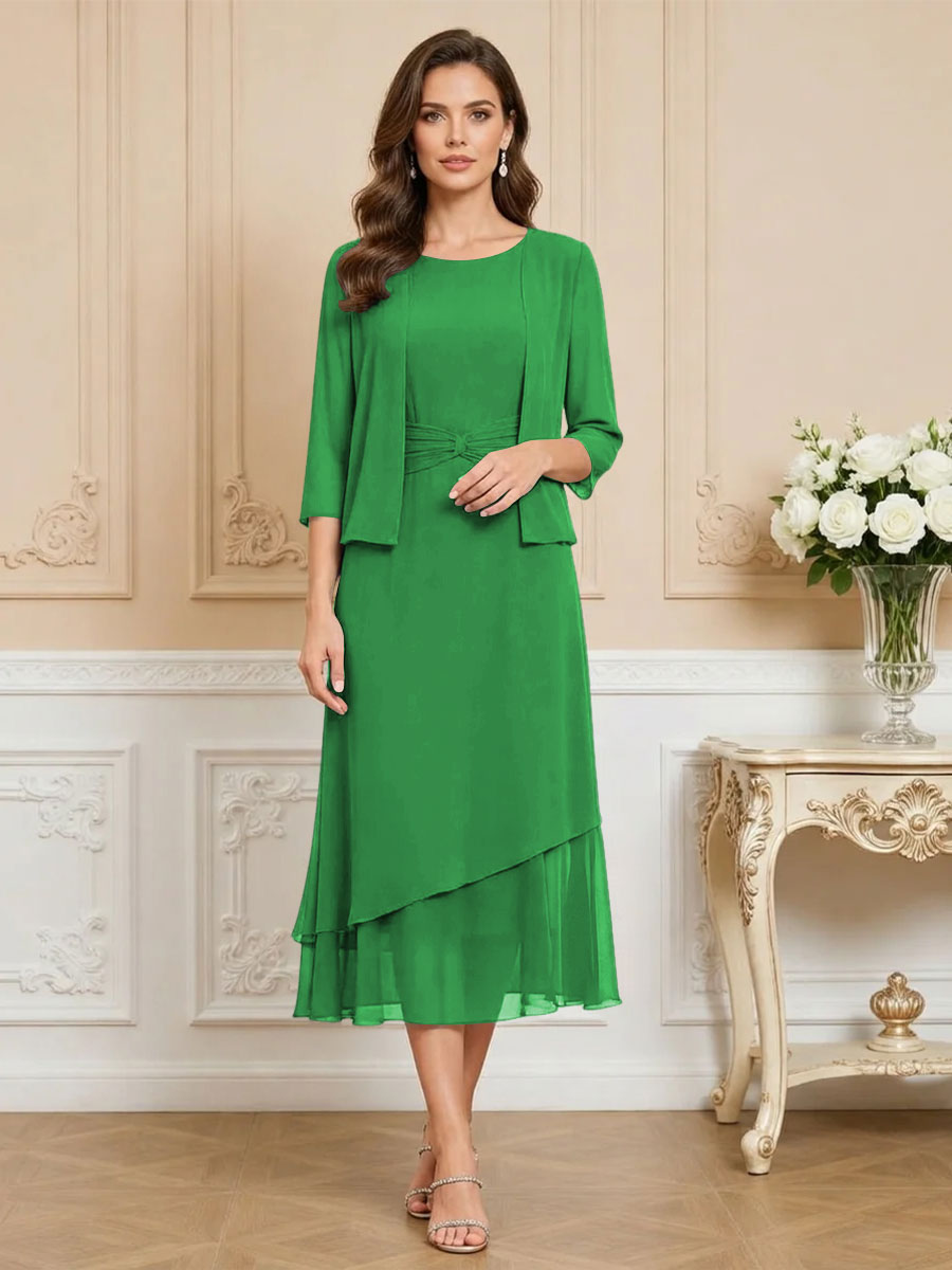 3/4 Sleeve Round Neck A-Line Midi Chiffon Mother of the Bride Dresses with Jacket